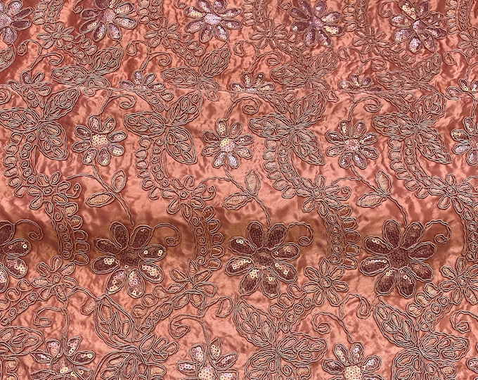 Peach corded  lace on sarin Floral with sequin scalloped Fabric Sold By The Yard