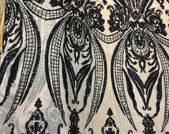 Sequin,Victorian Black on nude Big Print, 4-way Stretch, Fabric 54" Sold By the Yard, Wedding, Prom, Dresses, Lingerie, Pageant