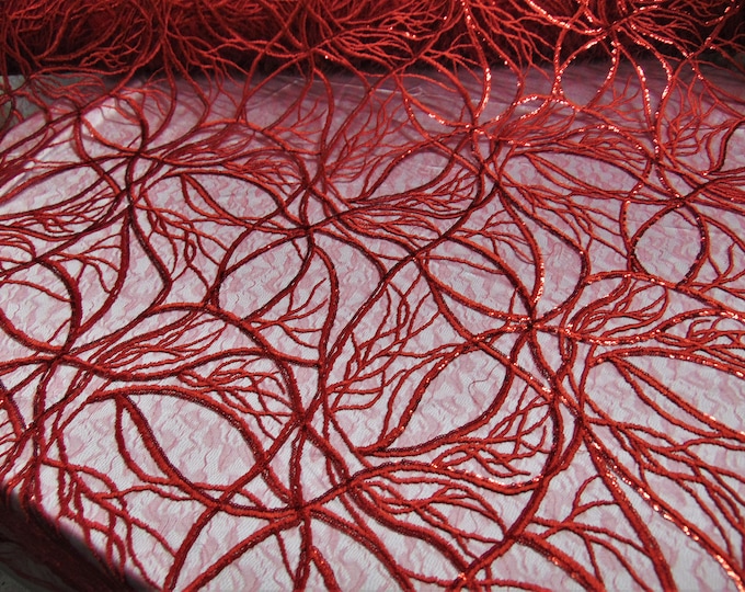 Red, Tiny Sequin, Embroidered, Lace, Mesh, Mechanical Stretch, Fabric 52" Sold By the Yard, Wedding, Prom, Dresses, Lingerie, Pageant