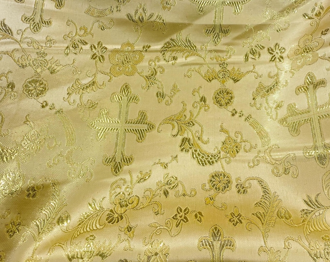 Dark Gold with gold  Brocade cross floral Fabric By the Yard 54” wide
