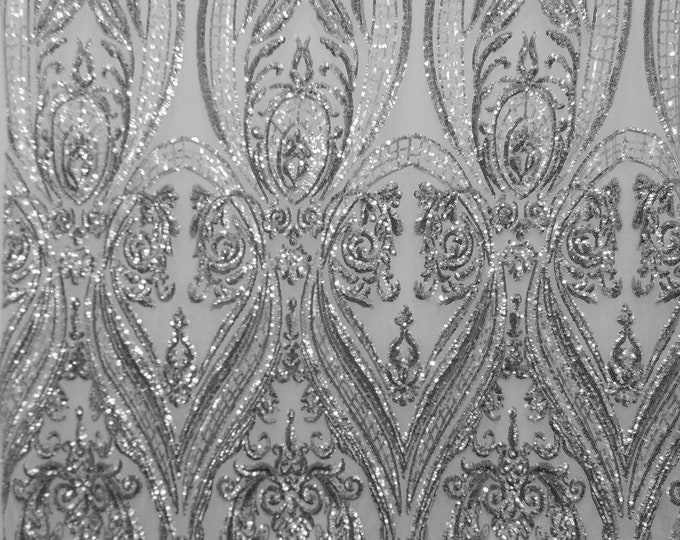 Victorian Egg/Tulip, Silver, Big Print, Sequin, 4-way Stretch, Fabric 54" Sold By the Yard, Wedding, Prom, Dresses, Lingerie, Pageant