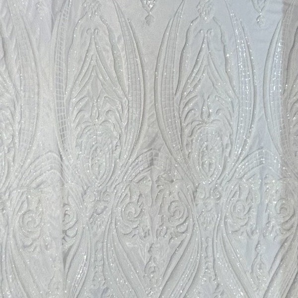 White Sequin Victorian Egg/Tulip, Big Print,4-way Stretch, Fabric 54"