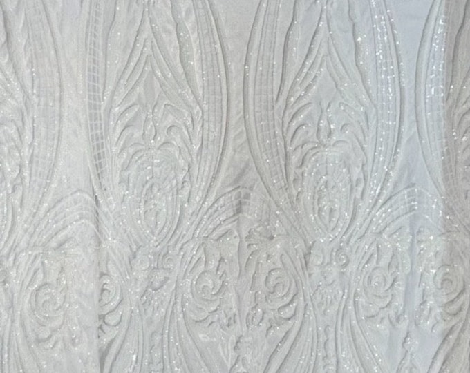 White Sequin Victorian Egg/Tulip, Big Print,4-way Stretch, Fabric 54"