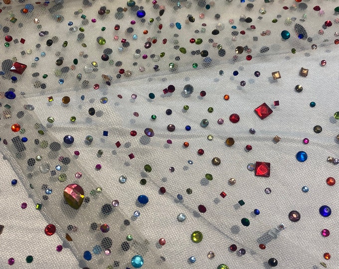 Beaded multicolored, rhinestone gems, on ivory mesh fabric, 54 inches wide