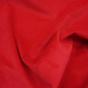 Pu&ograve; includere: Primo piano di un tessuto liscio di colore rosso con una texture morbida e vellutata. Il tessuto &egrave; piegato e drappeggiato, creando un senso di profondit&agrave; e dimensione.