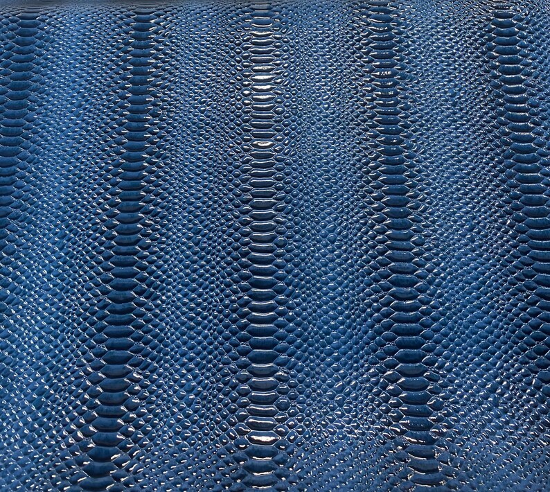 May include: A close-up of a textured, navy blue surface with a pattern resembling snake or reptile skin. The pattern is made up of small, overlapping scales, creating a glossy, reflective appearance. The scales are arranged in vertical rows.