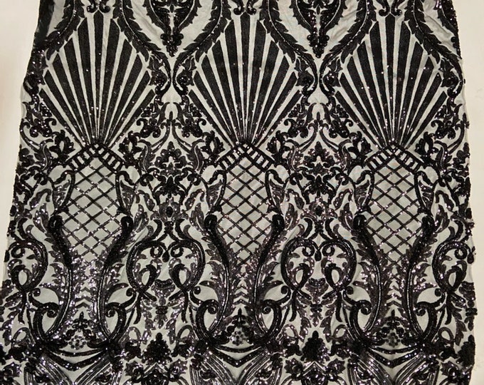 4-way Stretch Geometric Seashell fishnet sequin mesh dress grown Fabric BY THE YARD