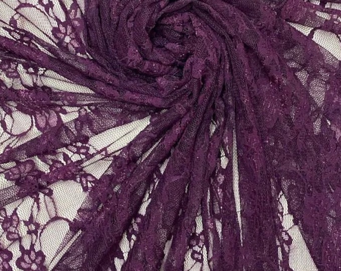Plum Vintage Stretch Floral Lace fabric 4 way  By The Yard