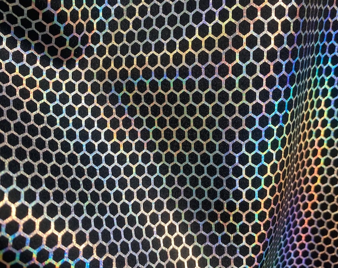 Silver honeycomb Metallic chorme Foil on black 4 way Stretch fabric BY THE YARD swimwear dancewear costume 60" Wide