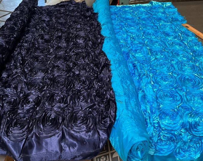 navy satin Rosette 3D Flower drapery fabric BY THE YARD 54" Wide