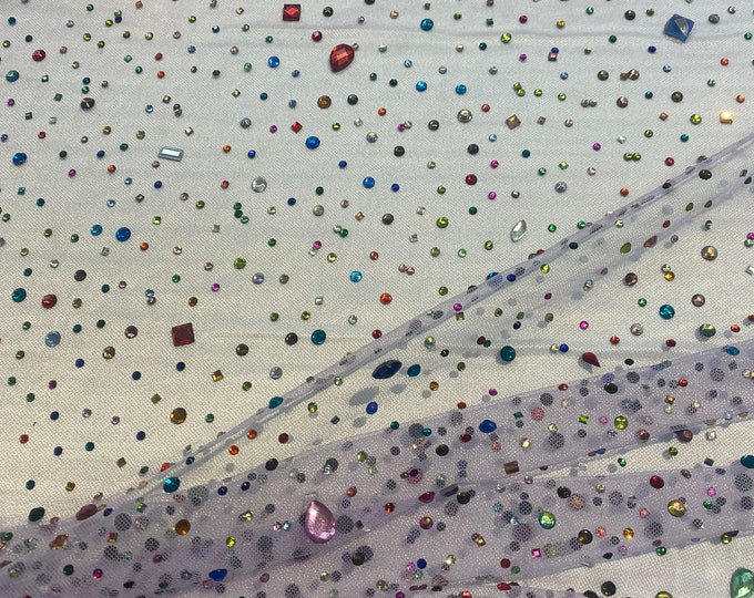 Beaded multicolored, rhinestone gems, on lavender mesh fabric, 54 inches wide