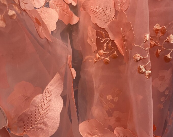 Peach rose petals mesh lace scalloped, sold by the yard 54” wide