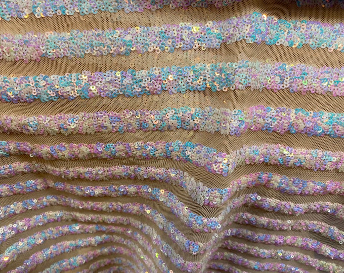 Pink blue mermaid , Sequin stripe , 4-way Stretch, Fabric 54" Sold By the Yard, Wedding, Prom, Dresses, Lingerie, Pageant