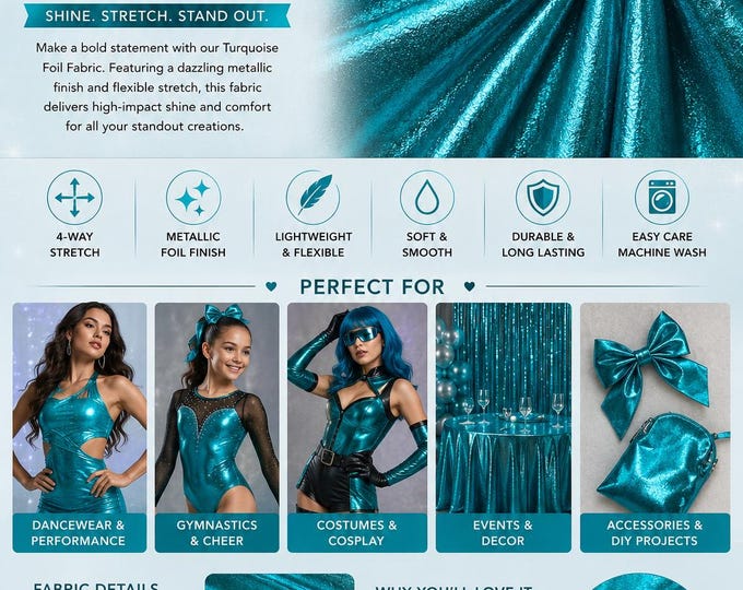 Turquoise Metallic Foil 4Way Stretch Spandex fabric BY THE YARD 60" Wide