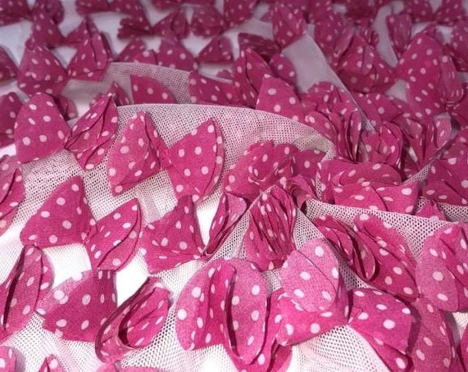 Pink Polka Dot Bow-Tie 3D Embroidered stretch Mesh fabric by the yard