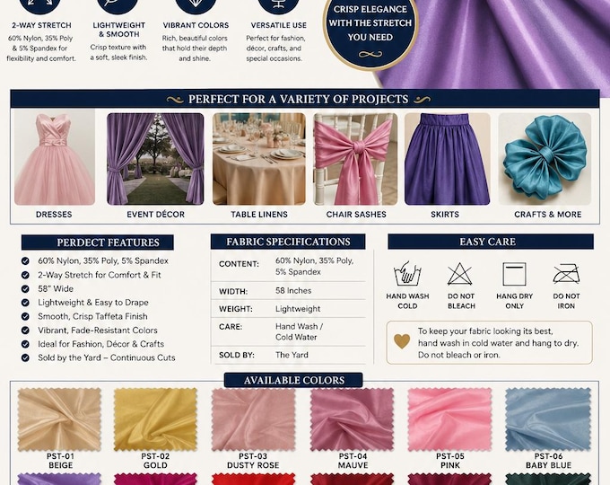 Stretch Taffeta  58" wide dress wedding skirt apparel and much more