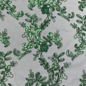 Elena Kelly green corded Floral lace with sequin Fabric Sold By The Yard