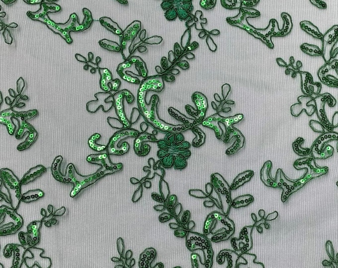 Elena Kelly green corded Floral lace with sequin Fabric Sold By The Yard