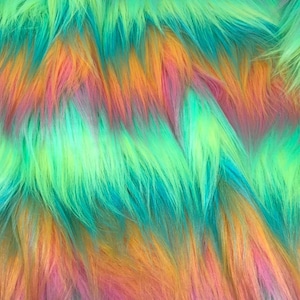 pastel Rainbow colored faux fur, shaggy soft, colorful 60&quot; inch wide  Upholstery Fabric by the yard