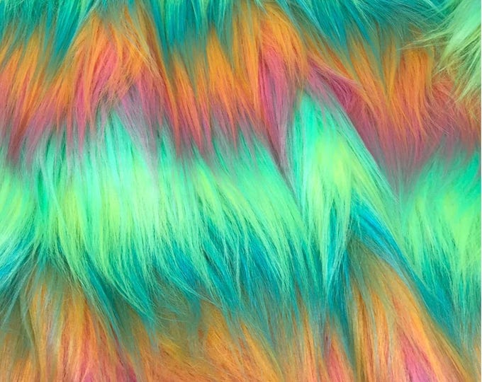 pastel Rainbow colored faux fur, shaggy soft, colorful 60" inch wide  Upholstery Fabric by the yard