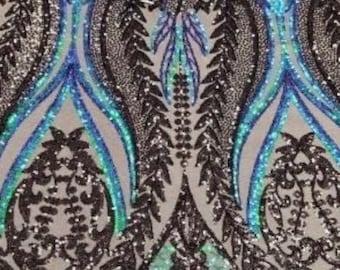 Iridescent Green /Black Multi Color 4-way Stretch Iridescent Sequin Fabric Embroidered on Spandex Mesh Sold By The Yard