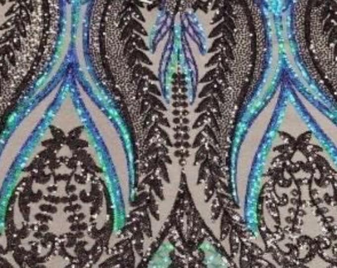 Iridescent Green /Black Multi Color 4-way Stretch Iridescent Sequin Fabric Embroidered on Spandex Mesh Sold By The Yard