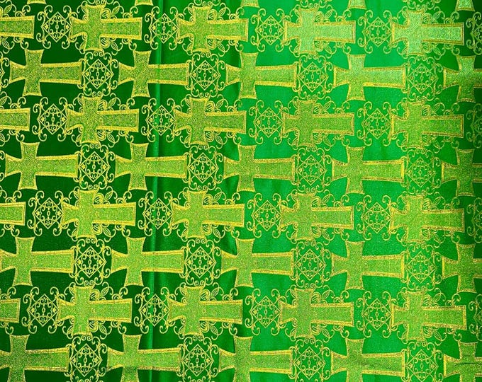Green Gold Cross Jacquard Satin Fabric – Religious Brocade Cloth for Vestments, Church Decor, Costumes & Crafts