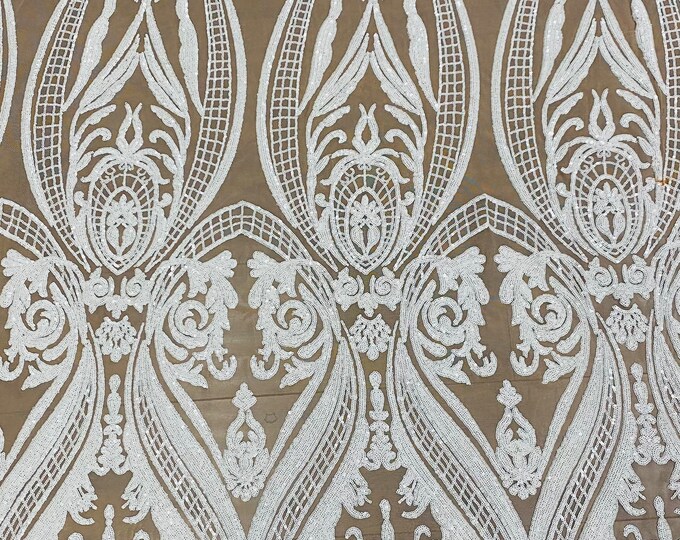 Ivory on nude mesh Victorian Egg/Tulip, Big Print, Sequin, 4-way Stretch, Fabric 54" Sold By the Yard, Wedding, Prom, Dresses,