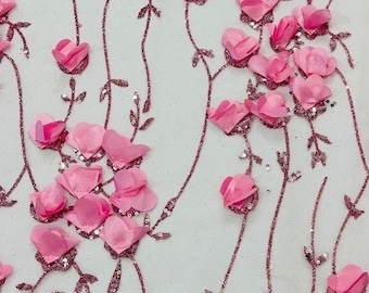 Dusty Pink 3D Satin Flower Sequin Fabric