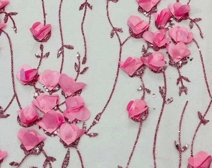 Dusty pink 3d satin flower glitter sequin fabric for prom wedding apparel fashion and more