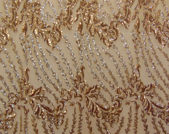 SUTRA Gold on mesh, Big Print Sequin, 4-way Stretch, Fabric 54" Sold By the Yard