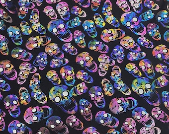 Stretch spandex Neon skulls on black fabric 60" by the yard