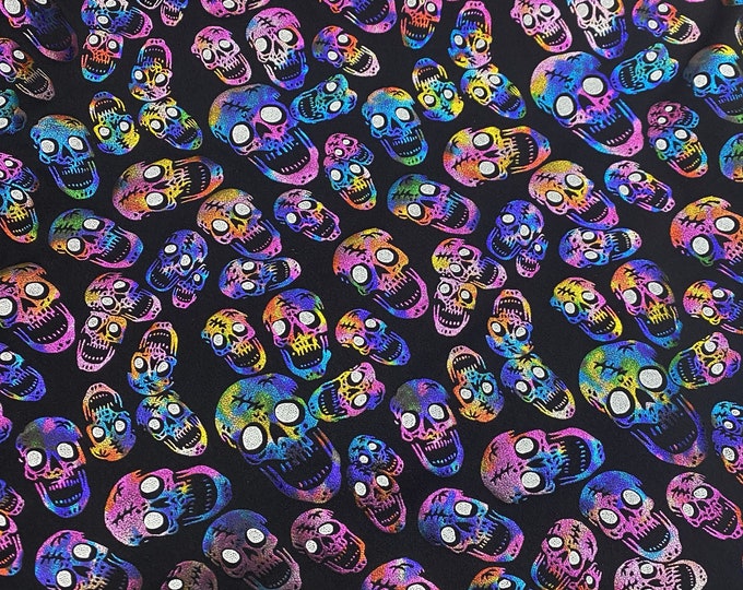 Stretch spandex Neon skulls on black fabric 60" by the yard