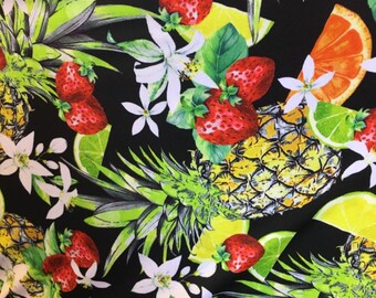 Tela de nailon y elastano bidireccional con estampado de frutas tropicales para ropa, disfraces y ropa deportiva, de 58" de ancho, cortada a medida.