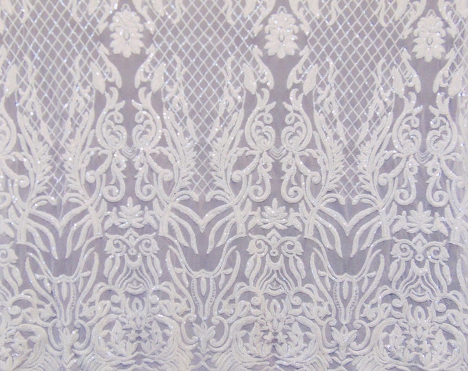 KARMA, White (White Mesh), Big Print, Sequin, 4-way Stretch, Fabric 55" Sold By the Yard