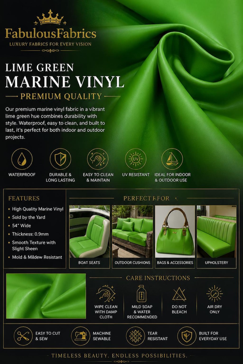 May include: Lime green marine vinyl fabric with a smooth texture and slight sheen. The material is 54 inches wide and 0.9mm thick. Features include waterproof, UV resistant, and mold resistant properties. Suitable for boat seats, cushions, and bags.