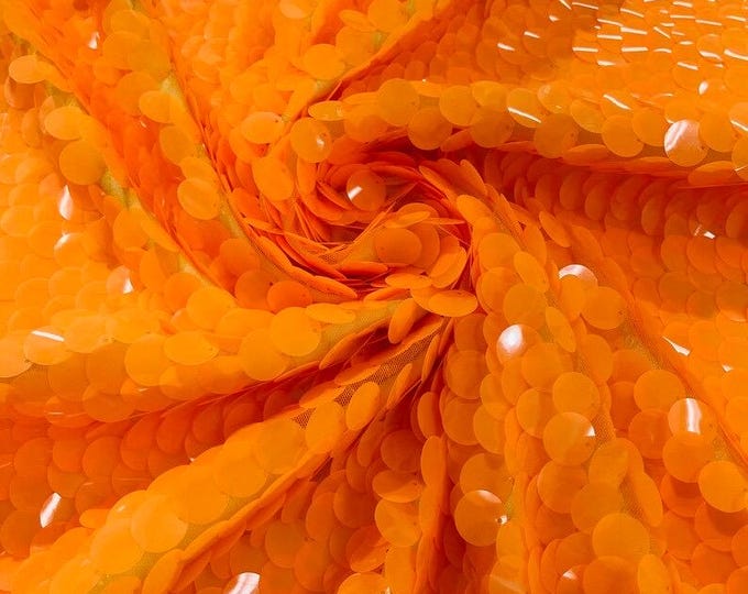 Neon Orange Round Sequin Paillette On A Orange Mesh Fabric/ 54 Inches Wide
