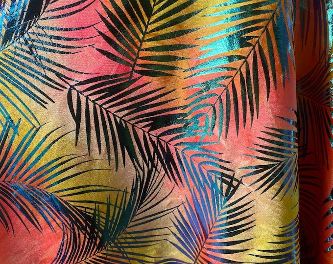 Iridescent foil palm 2 way Stretch on pink Spandex fabric BY THE YARD swimwear dancewear costume 60" Wide