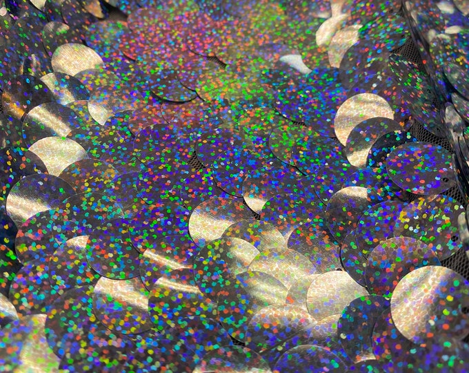 Silver Shiny  20mm paillette sequin on mesh fabric sold by yard