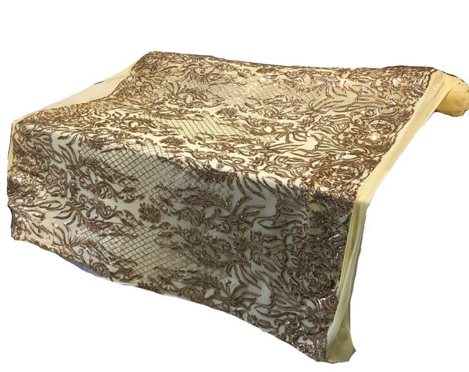 KARMA, Gold (Light Yellow Mesh), Big Print, Sequin, 4-way Stretch, Fabric 55" Sold By the Yard