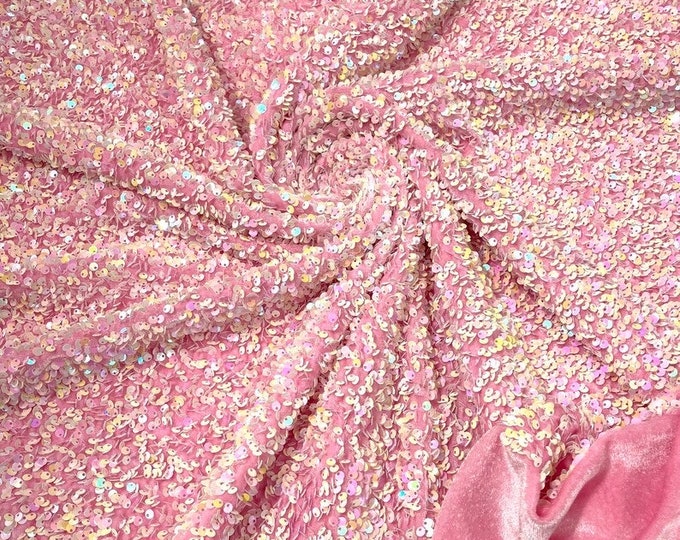 Pearl pink Iridescent On light pink stretch velvet with luxury sequins all over 5mm shining sequins 2-way stretch, sold by the yard.