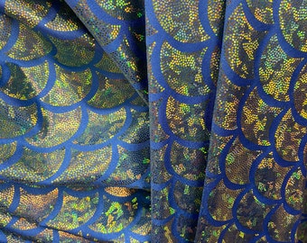 Dark blue Stretch big Mermaid mystique  Spandex Metallic foil scales Fabric by the yard