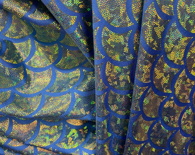 Dark blue Stretch big Mermaid mystique  Spandex Metallic foil scales Fabric by the yard