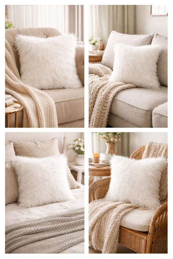 Set of 2 Piece 22x22 Inch Bright White Faux Fur Cushion Pillow