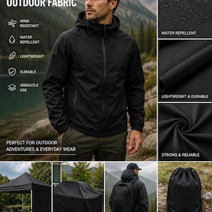 May include: A black windbreaker outdoor fabric featuring water-repellent, wind-resistant, and durable properties. The material is shown in various applications including a jacket, a canopy, an outdoor cover, and a drawstring bag.