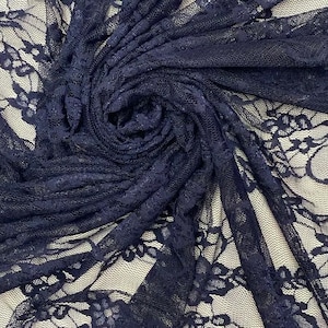 Navy Vintage Stretch Floral Lace fabric 4 way  By The Yard