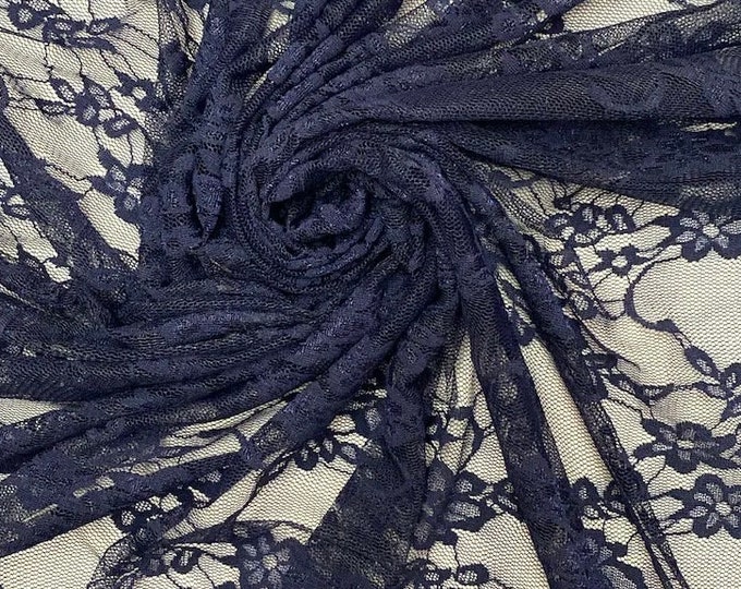 Navy Vintage Stretch Floral Lace fabric 4 way  By The Yard