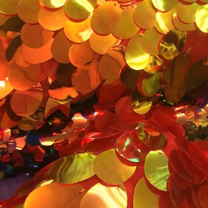 May include: Close-up of iridescent red and gold sequins arranged in a pattern on a mesh fabric. The sequins are oval-shaped and have a shiny, reflective finish.