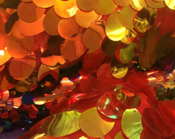 Jumbo iridescent Red Shiny 20mm paillette sequin on mesh fabric sold by yard