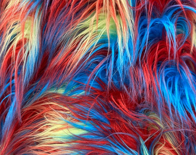 58"  Wide Multi blue red yellow Faux fur Upholstery Fabric by the yard